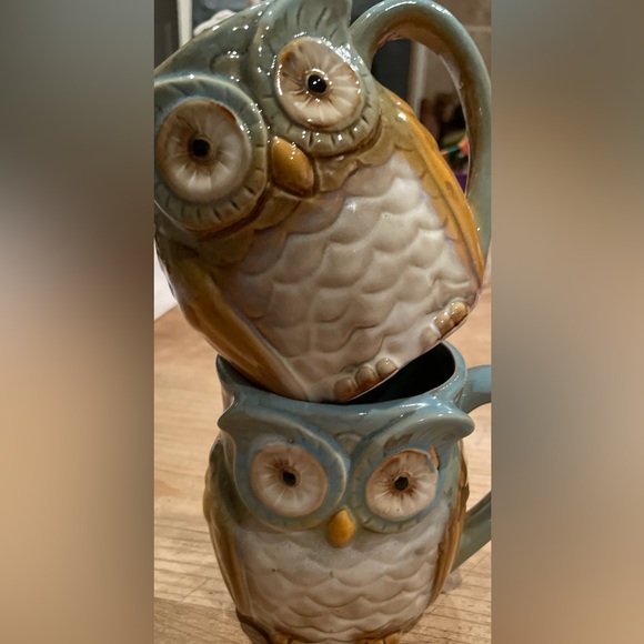 unknown Other - Set of 2 Stoneware Whimsical Owl Mugs blue brown EUC Vtg?